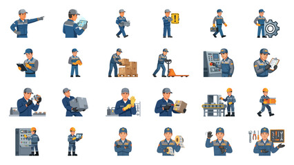 Fototapeta premium Industrial Worker Actions and Equipment in a Set of Illustrations