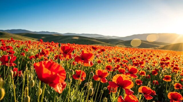 Scenic panorama of a vibrant field of red poppy flowers with a bright sun, a clear blue sky, and rolling hills in the background