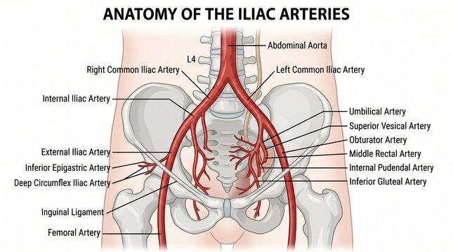 Anatomical of the human iliac arteries and pelvic vessels with labels for medical education