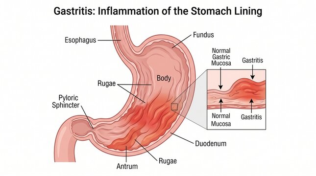 Anatomical of gastritis showing inflammation of the stomach lining and gastric mucosa layers