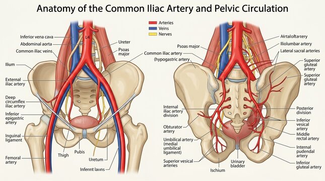 Comparative anatomical of the common iliac artery and pelvic circulation with arteries and veins