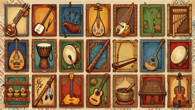 World Traditional Musical Instruments Collection Framed Card Set Sitar Djembe Bagpipe Didgeridoo Balalaika Vintage Illustration