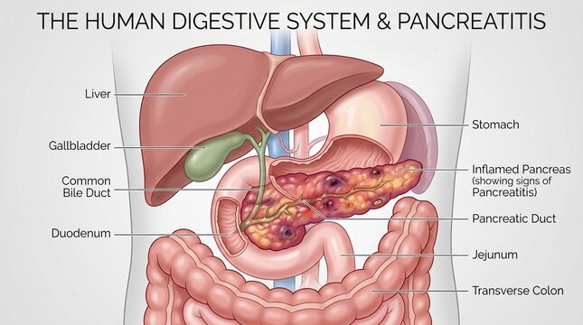 Human digestive system diagram highlighting pancreatitis and inflammation of the pancreas organ for medical study
