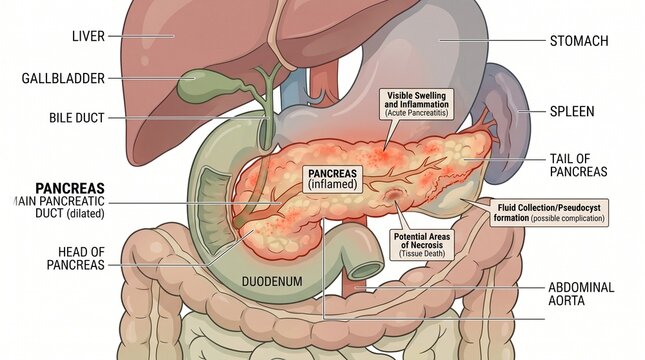 Detailed medical diagram of the inflamed pancreas and digestive organs showing necrosis and fluid collection