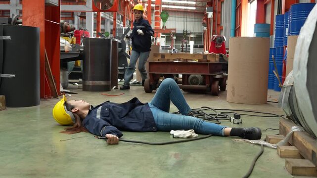 A female employee is helping her friend who was electrocuted in a metal cheese factory.(VDO 4K)