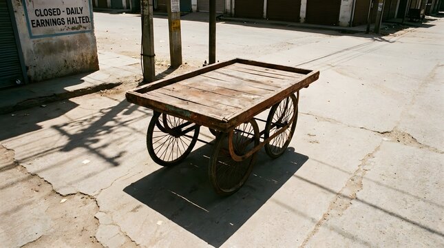 Traditional wooden hand cart with large spoked wheels stands empty on cracked asphalt street under bright sunlight near closed shop with sign about halted earnings in urban neighborhood setting.