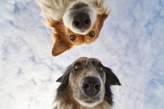 Two dogs, one black and tan and the other golden, looking down at the camera against a blue sky with clouds, showcasing their curious expressions and playful demeanor