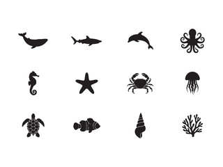 Fototapeta premium Marine animal silhouette collection featuring a whale, shark, dolphin, octopus, seahorse, starfish, crab, jellyfish, sea turtle, clownfish, seashell, and coral on a white background