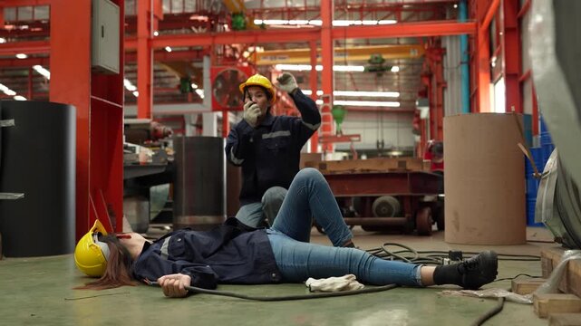 A female employee is helping her friend who was electrocuted in a metal cheese factory.(VDO 4K)