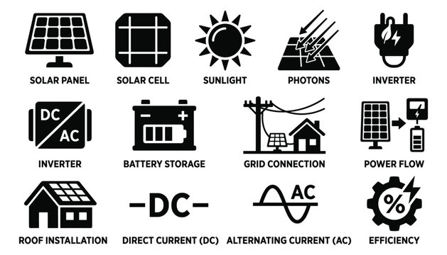 Solar energy power system components flat vector illustration icon set for renewable power solutions.
