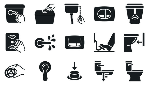 Toilet flush button and lever icon set vector illustration for bathroom sanitation and plumbing.