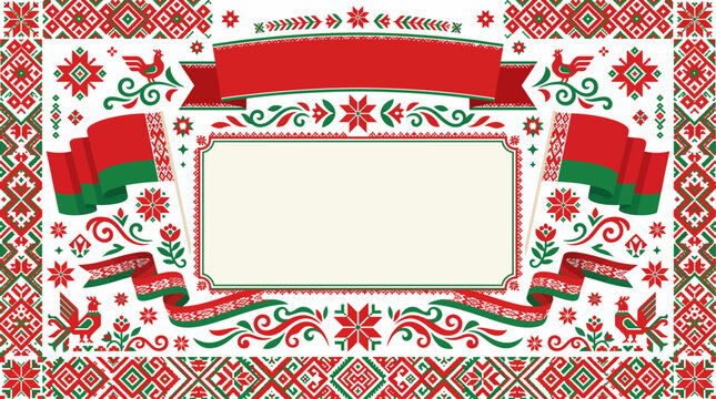 Festive Belarus Independence Day Greeting Card Template with National Ornament and Flags for Celebration
