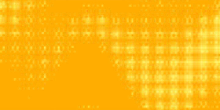 Yellow orange bitmap pixel texture. Dotted dither gradient pattern background. 8 bit halftone faded pop art gradation wallpaper. Vanishing raster video arcade game backdrop for banner, poster. Vector