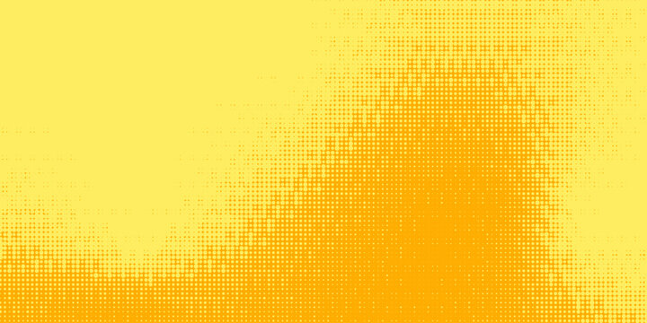 Yellow orange bitmap pixel texture. Dotted dither gradient pattern background. 8 bit halftone faded pop art gradation wallpaper. Vanishing raster video arcade game backdrop for banner, poster. Vector