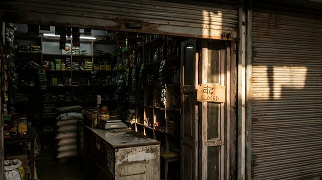 Exterior view of a closed Indian grocery store with corrugated metal shutters and a sign indicating closure, sunlight casting shadows on facade.