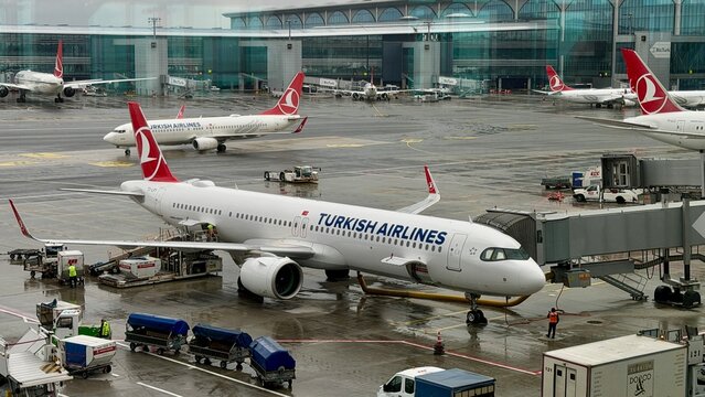 Istanbul, Turkey - May 2, 2026: Turkish Airlines passenger airplane parked at Istanbul Airport airfield tarmac with ground support equipment vehicles. Commercial jet aviation travel logistics.
