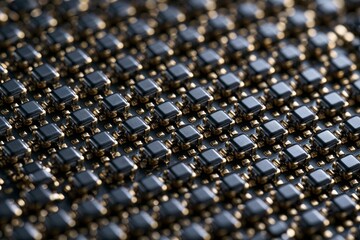 Fototapeta premium Close-up of uniform black microchips on circuit board with gold contacts