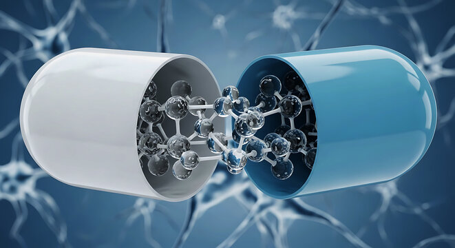 Open capsule revealing molecular structure on blue neural network background medicine pill
