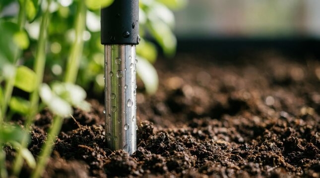 Soil moisture sensor probe inserted into damp garden earth.