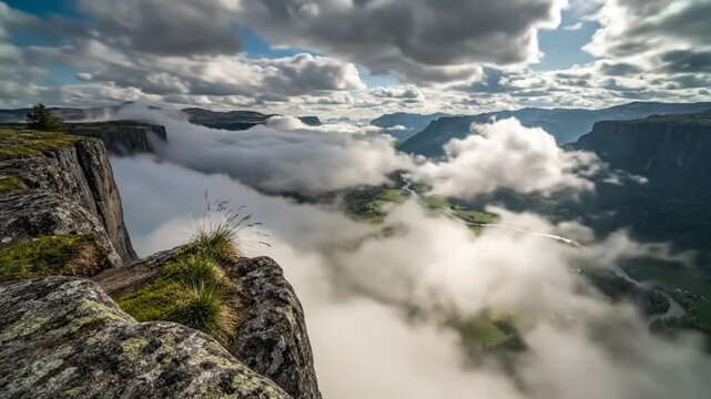 Epic cloud inversion over a lush green valley with a river in a mountain landscape, aerial view