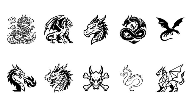 Set of Ten Distinctive Mythical Dragon Icons Featuring Various Artistic Styles and Designs