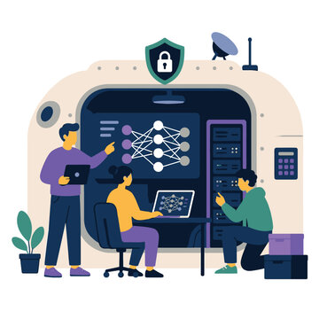 Team of software developers working on artificial intelligence and cybersecurity systems.