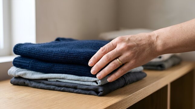 Woman's hand touching neat stack of folded clothes on wooden shelf