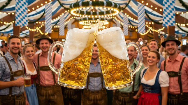 Oktoberfest Celebration with Cheering Crowd and Beer Steins.