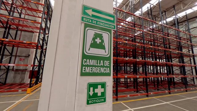 Se&ntilde;alizaci&oacute;n de Seguridad Industrial con Botiqu&iacute;n, Camilla de Emergencia y Ruta de Evacuaci&oacute;n en Bodega. Se&ntilde;ales de Emergencia en Centro de Distribuci&oacute;n Industrial. Se&ntilde;alizaci&oacute;n de Primeros Auxilios 