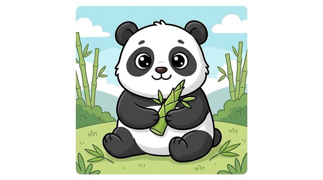 Cute cartoon panda eating bamboo in a forest setting