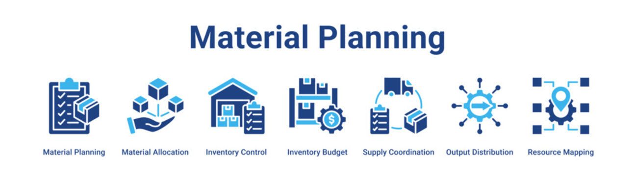 Material Planning web banner icon vector illustration concept for industry with icon of Material Planning, Material Allocation, Inventory Control, Inventory Budget, Supply Coordination, Output.