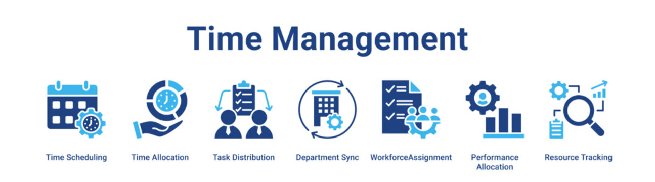 Time Management web banner icon vector illustration concept for industry with icon of Time Scheduling, Time Allocation, Task Distribution, Department Sync, Workforce Assignment, Performance.