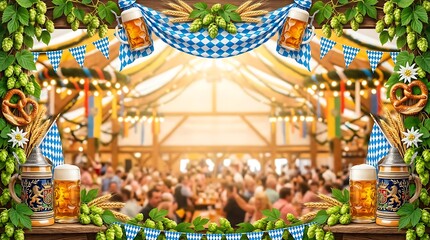 Obraz premium Vibrant Oktoberfest Beer Tent Celebration with Traditional Decorations and Cheerful Crowd.
