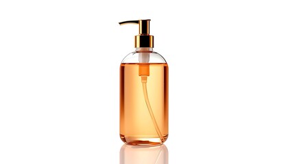 Naklejka premium A product illustration of a transparent pump bottle filled with light orange liquid, featuring a gold-colored dispenser on top, displayed on a transparent background, symbolizing household items