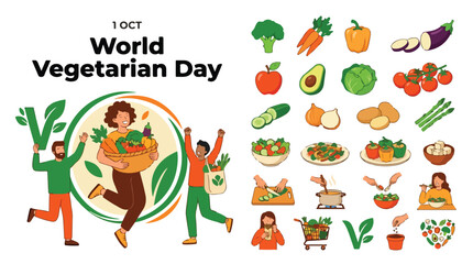 Fototapeta premium World Vegetarian Day banner with 25 icons, healthy lifestyle people celebrating with fresh vegetables, flat vector illustration for organic food promotion