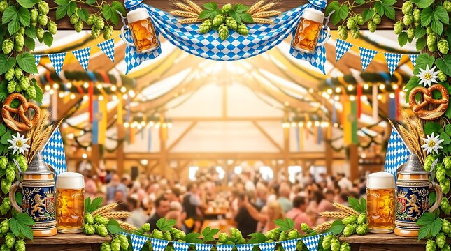 Vibrant Oktoberfest Beer Tent Celebration with Traditional Decorations and Cheerful Crowd.