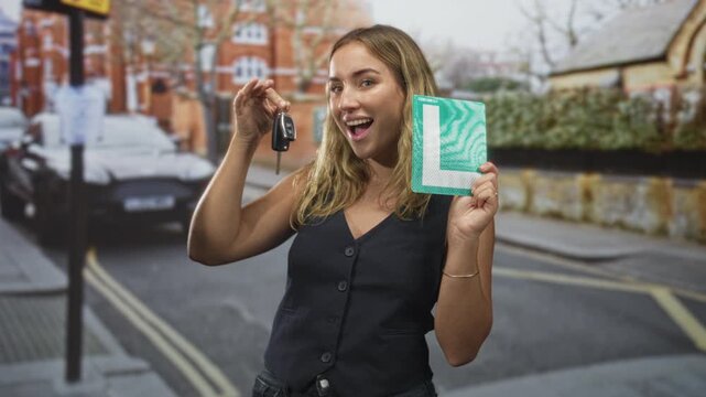 Young woman holding car keys and learner book on a street, showing keys in hand with excited open smile; achievement joy.