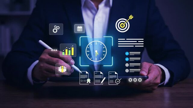Business professional working on a laptop with clock and to do list interface, Business Time Management and Task Planning with Productivity Dashboard, Scheduling Tools, Workflow Optimization and Proje