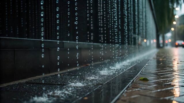 Digital binary rain on city street