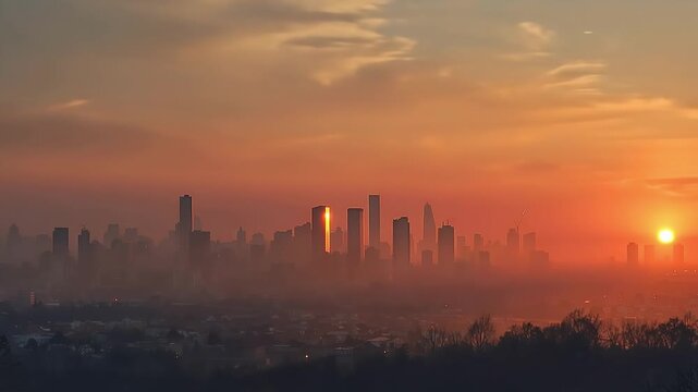 Modern city skyline at sunset with high-rise buildings, soft orange clouds, urban haze, and distant silhouettes under a dramatic evening sky.