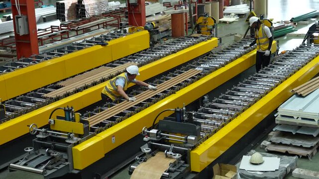 Engineers and staff inspect the production line of components in a metal sheet and metal roofing manufacturing plant.(VDO 4K)