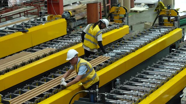 Engineers and staff inspect the production line of components in a metal sheet and metal roofing manufacturing plant.(VDO 4K)