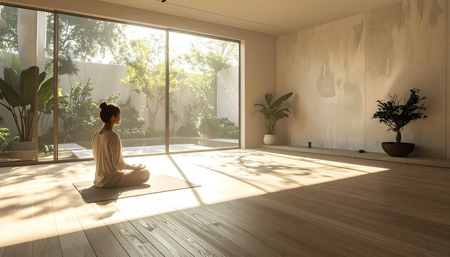 A serene woman practices yoga in a bright, modern room with plants