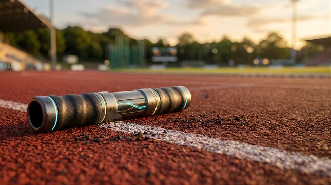 Futuristic sports baton sensor lying on a professional running track field