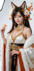 Obraz premium Fantasy portrait of an elegant woman with fox ears, floral hair decorations and luxury gold jewelry