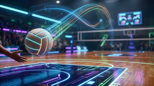 Futuristic volleyball match with neon motion tracking on indoor court