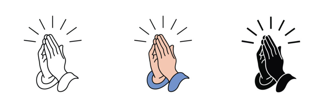 Pray icon set featuring hands in prayer for religion and spiritual respect vector illustration collection representing faith devotion worship and spiritual practice symbols