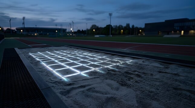 Glowing digital grid projection on an athletics long jump sand pit at night