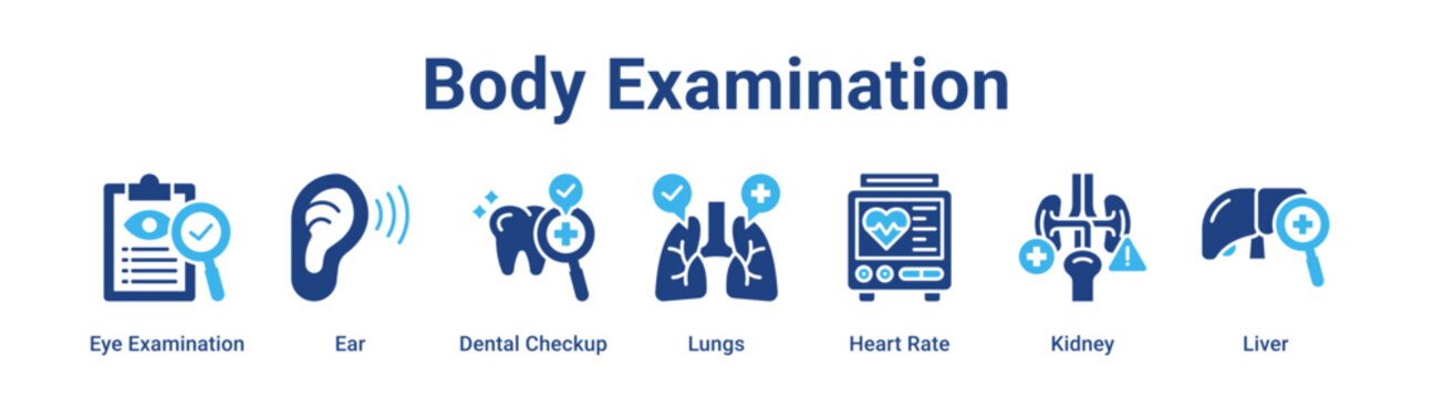 Body Examination web banner icon vector illustration concept for healthcare with icon of Eye Examination, Ear, Dental Checkup, Lungs, Heart Rate.