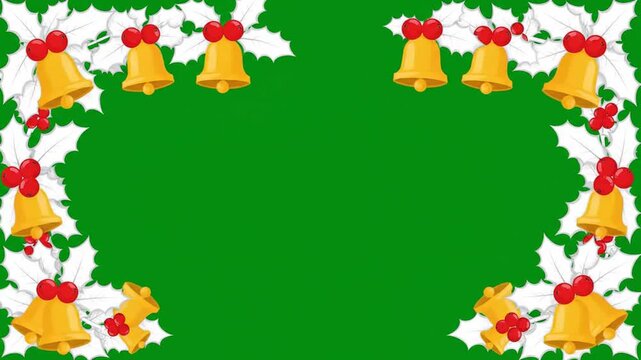 Festive green Christmas background featuring a decorative border of animated gold bells and traditional white holly leaves, ideal for holiday season promotions and greetings.